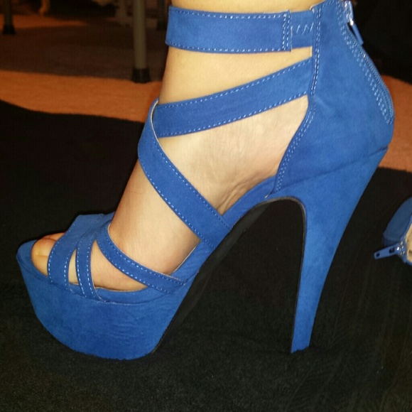Blue Suede Ankle Strap High Heel Pumps