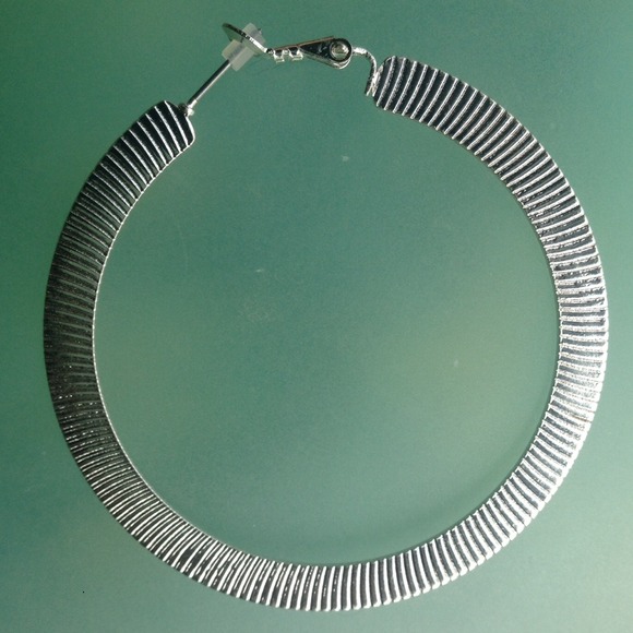 Flat Silver Ridged Hoops - Picture 2 of 2