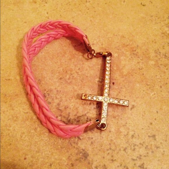 Pink faux leather cross bracelet