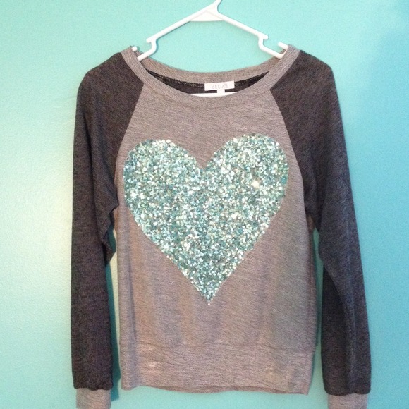 Grey sweater with blue sequenced heart