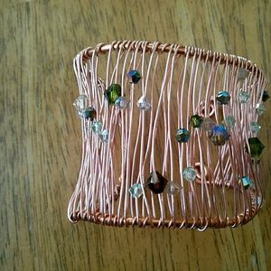 Rose tone copper wire adjustable cuff with crystal