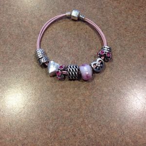 Pandora like pink leather bracelet with beads