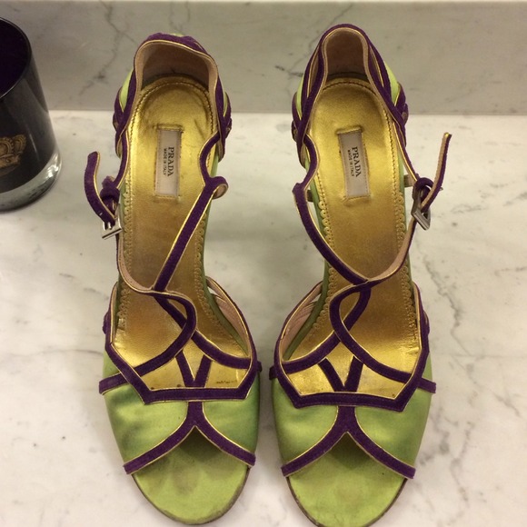 Silk Prada sandals, green and purple