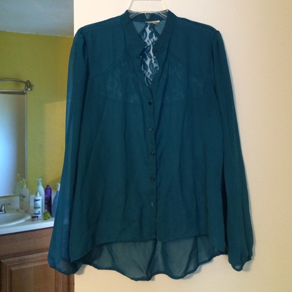 Teal blue sheer button up with lace back