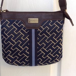 Tommy Hilfiger navy, brown, and cream crossbody.