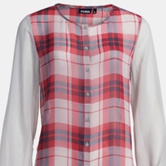 Red plaid with grey sleeve blouse - Picture 1 of 2