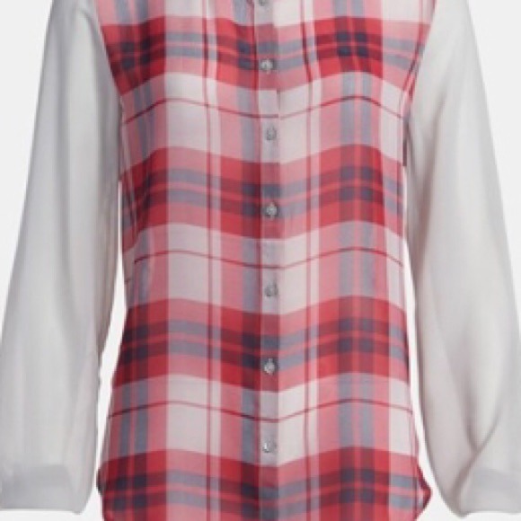 Red plaid with grey sleeve blouse - Picture 2 of 2