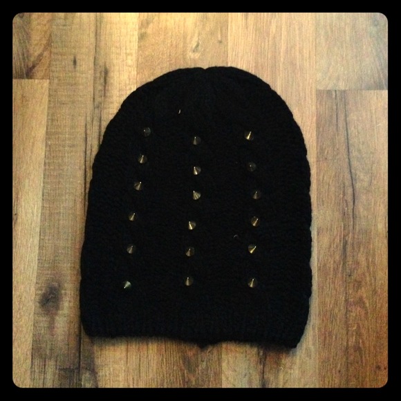 Black knit beanie with gold spiked studs