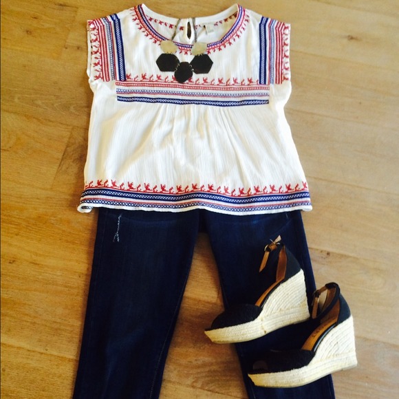 Embroidered cap sleeve peasant blouse