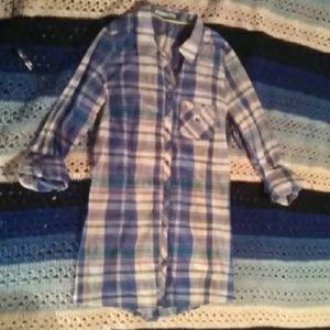 Blue green white plaid button shirt