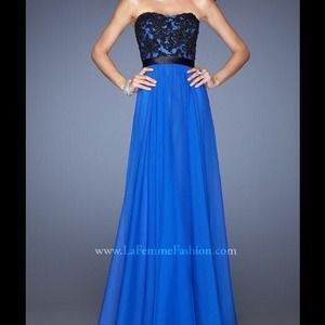 Strapless Blue Prom Dress with Black Bodice