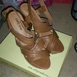 Strapped cognac wide heel