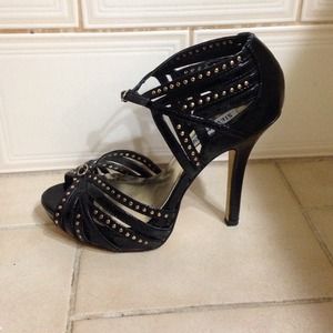 Black patent leather, gold studded heels