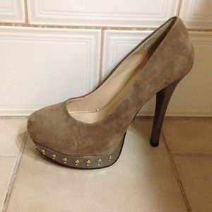 Tan suede platform pumps. Gold studded.