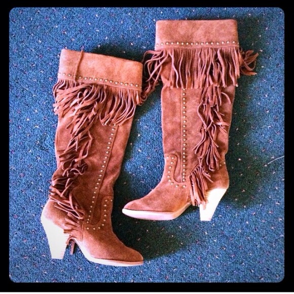 Genuine Leather Fringed Boots with Zipper & Buckle