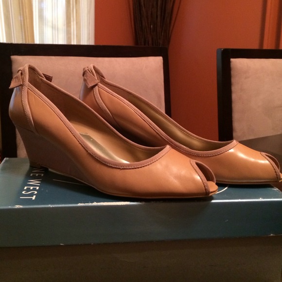 Beige leather wedge peekaboo 2 inch heels $25