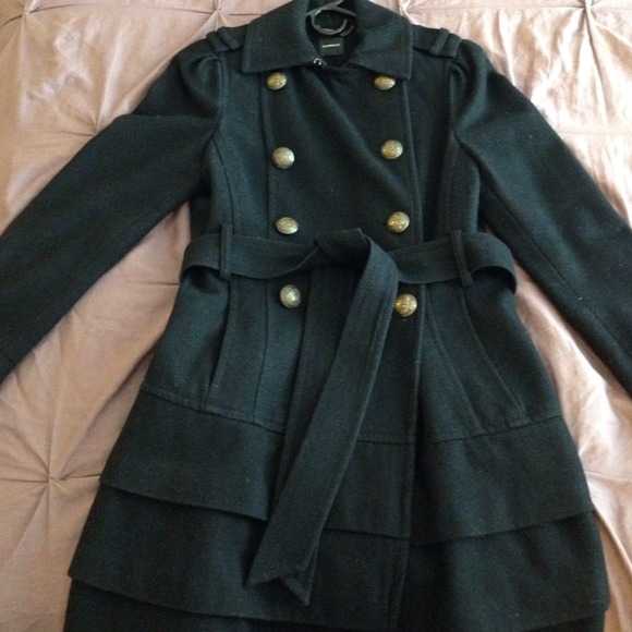 Black, ruffled hem Pea Coat