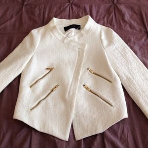 Cream with gold zippers, tweed moto jacket