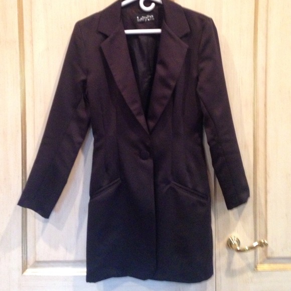 Long black poly satin blazer. Moderately worn. - Picture 1 of 2