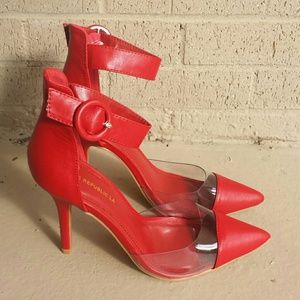 Red see thru pumps