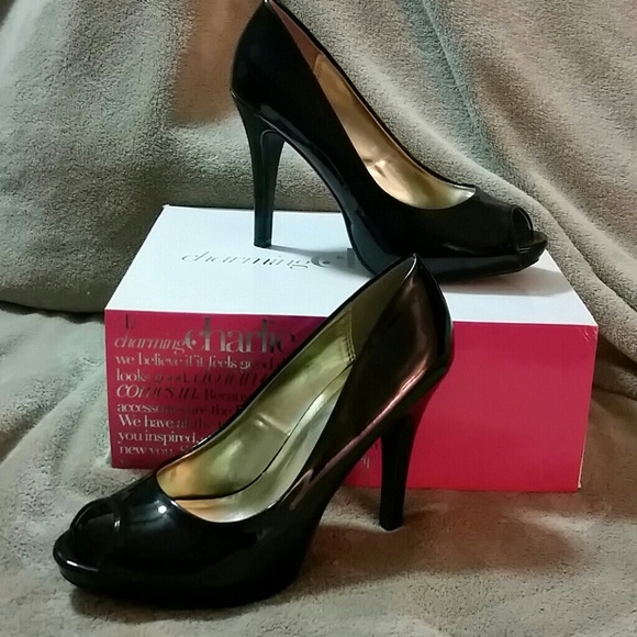 Black Patent open toed heels, 7.5; 3.5in heel