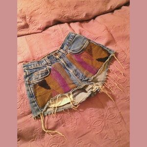 sweater patched denim high rise shorts