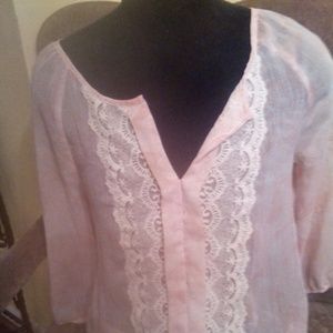 Peach and white round collar lace blouse