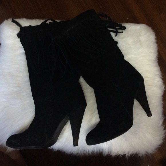 Black Fringe Heel Boots