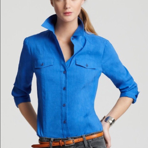 Theory Dulcie Crunch Button Down Top in ORANGE.