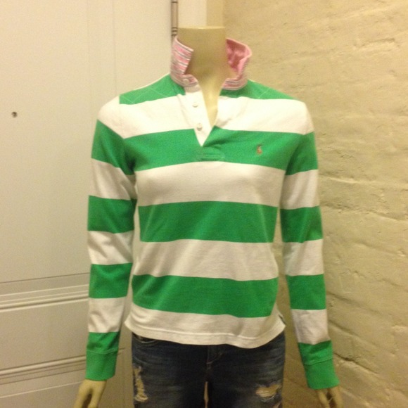 Ralph Lauren Polo green white w pink collar S
