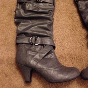 Grey knee high boots