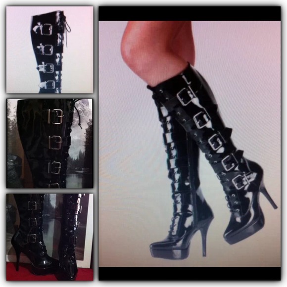 Devious Buckle Stretch Platform Knee Boots Size 10