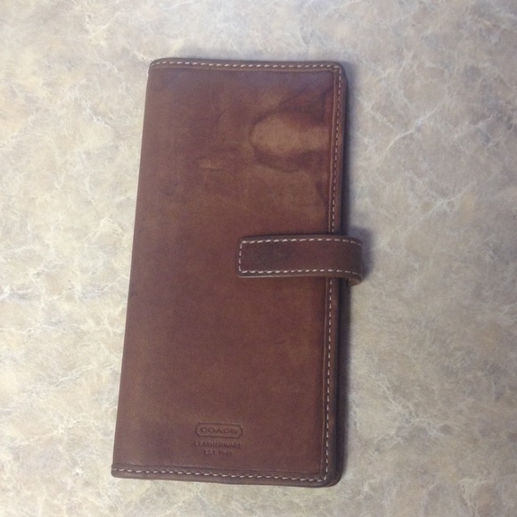 Brown leather snap closure COACH check book cover