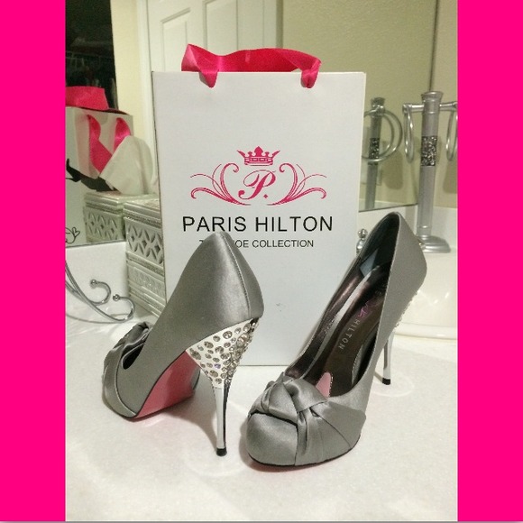Paris Hilton Elegant grey satin rhinestone heels!