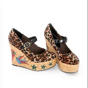 Penthouse Leopard Tattoo Wedges. Rockabilly pin-up