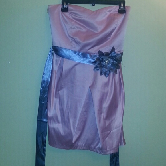 Pink Party Dress w/gray flower & tie -Strapless