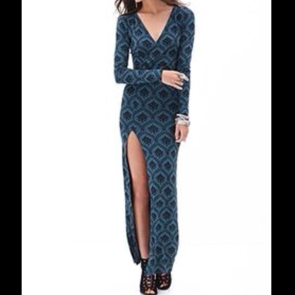 Teal and Black Baroque Print Maxi Dress
