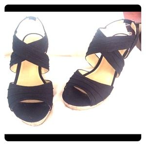 City Classified Black Linen Wedge Sandal