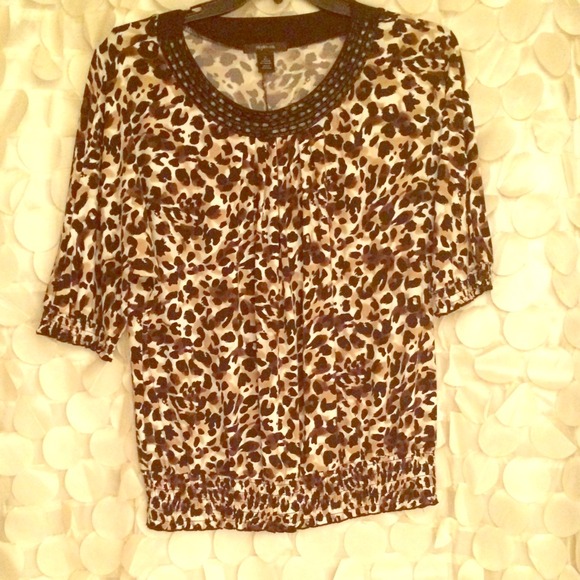 Leopard Print Beaded Peasant Top