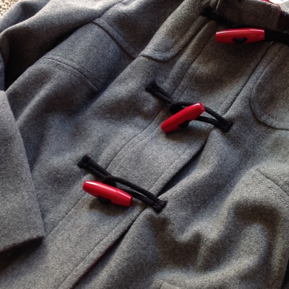 Grey wool hooded coat jacket w/ red toggles - Picture 2 of 4