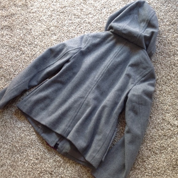 Grey wool hooded coat jacket w/ red toggles - Picture 3 of 4