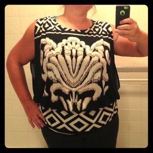 Black/Beige/Cream blouse with wide printed  band