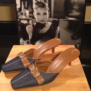 Denim and leather camel mule shoe with buckle.