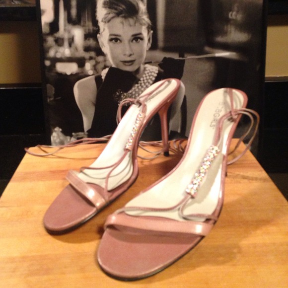 Pink BCBG strappy heels with crystals.