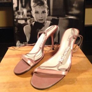 Pink BCBG strappy heels with crystals.