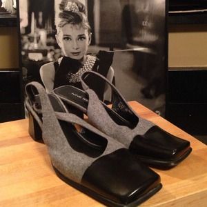 Black and grey 2.5 inch square heel sling back.