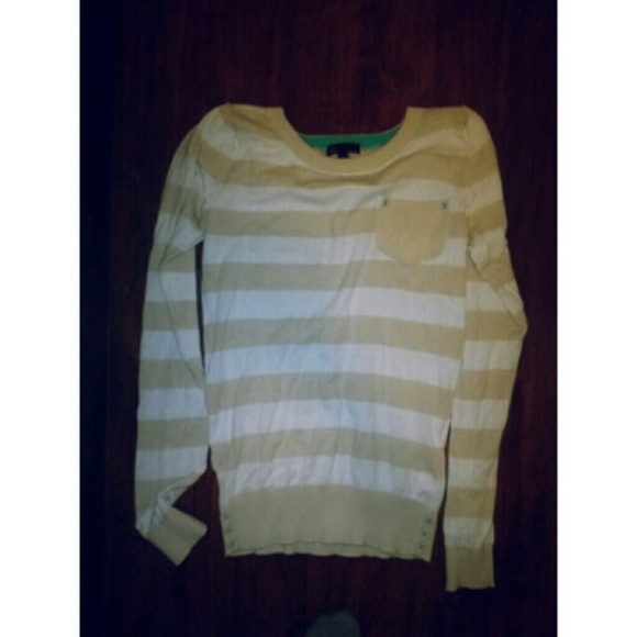 Tan & white striped sweater w/ turquoise accents