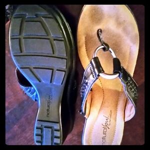 Black, wedge, leather sandal