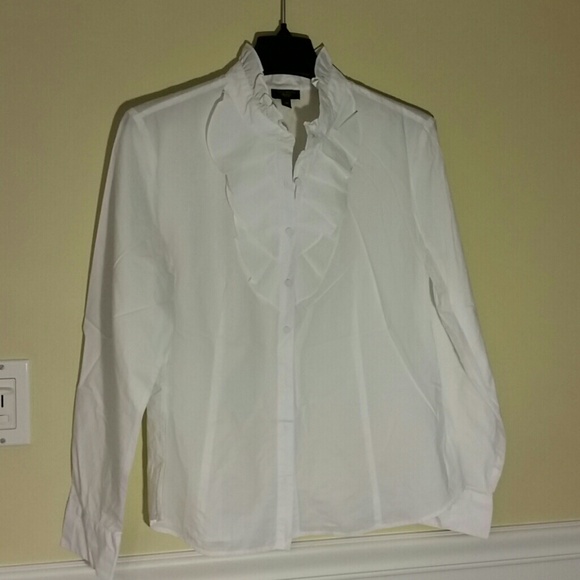 Pure white high collar ruffle front blouse