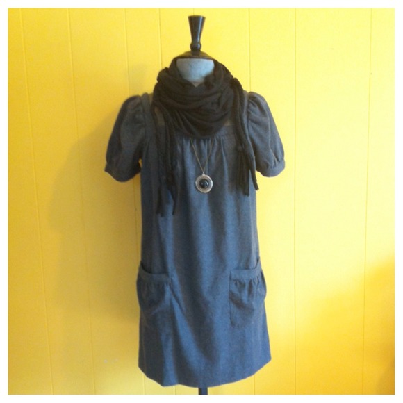 H&M Grey trapeze Dress with puff sleeves size 8